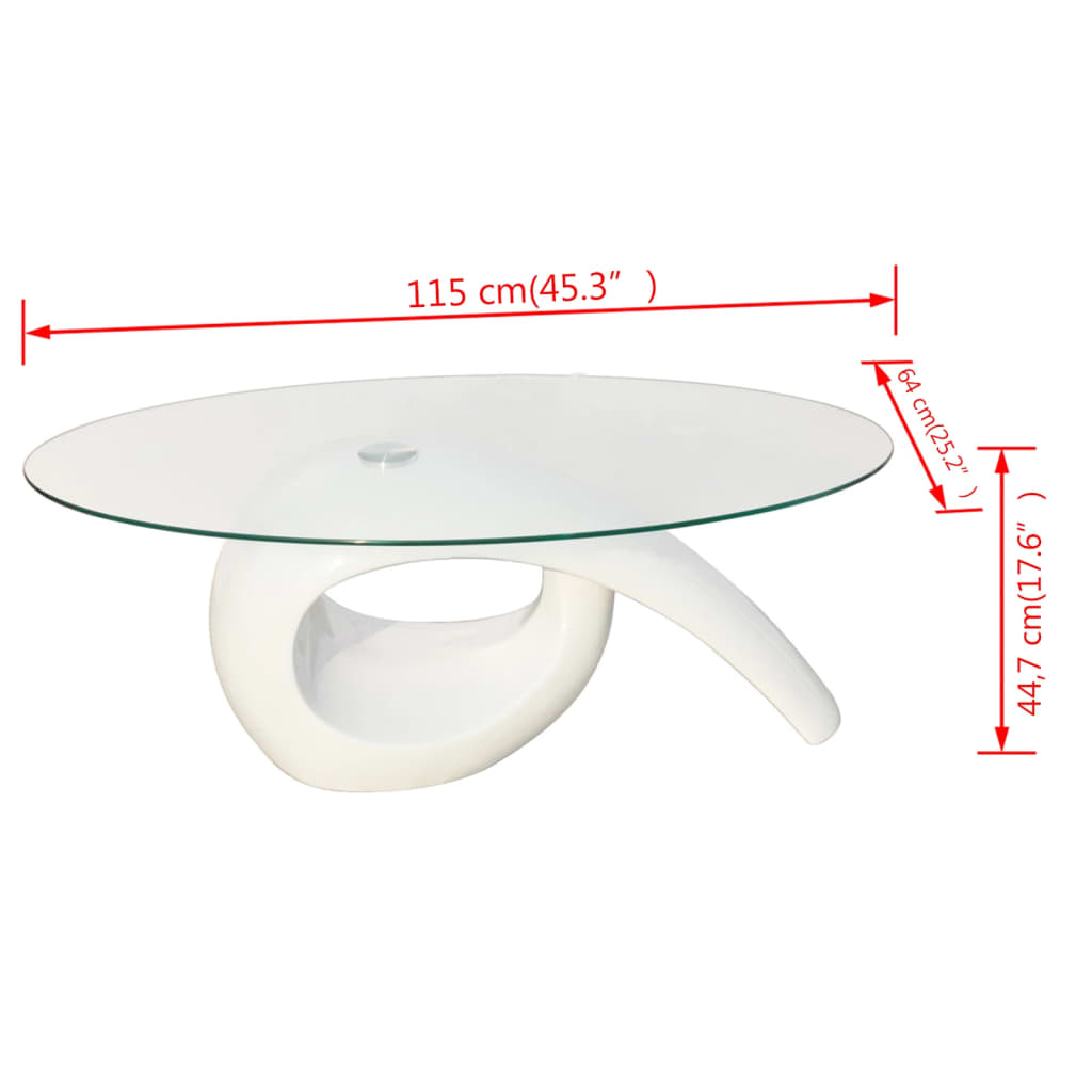 sofabord med oval bordplade i glas højglans hvid
