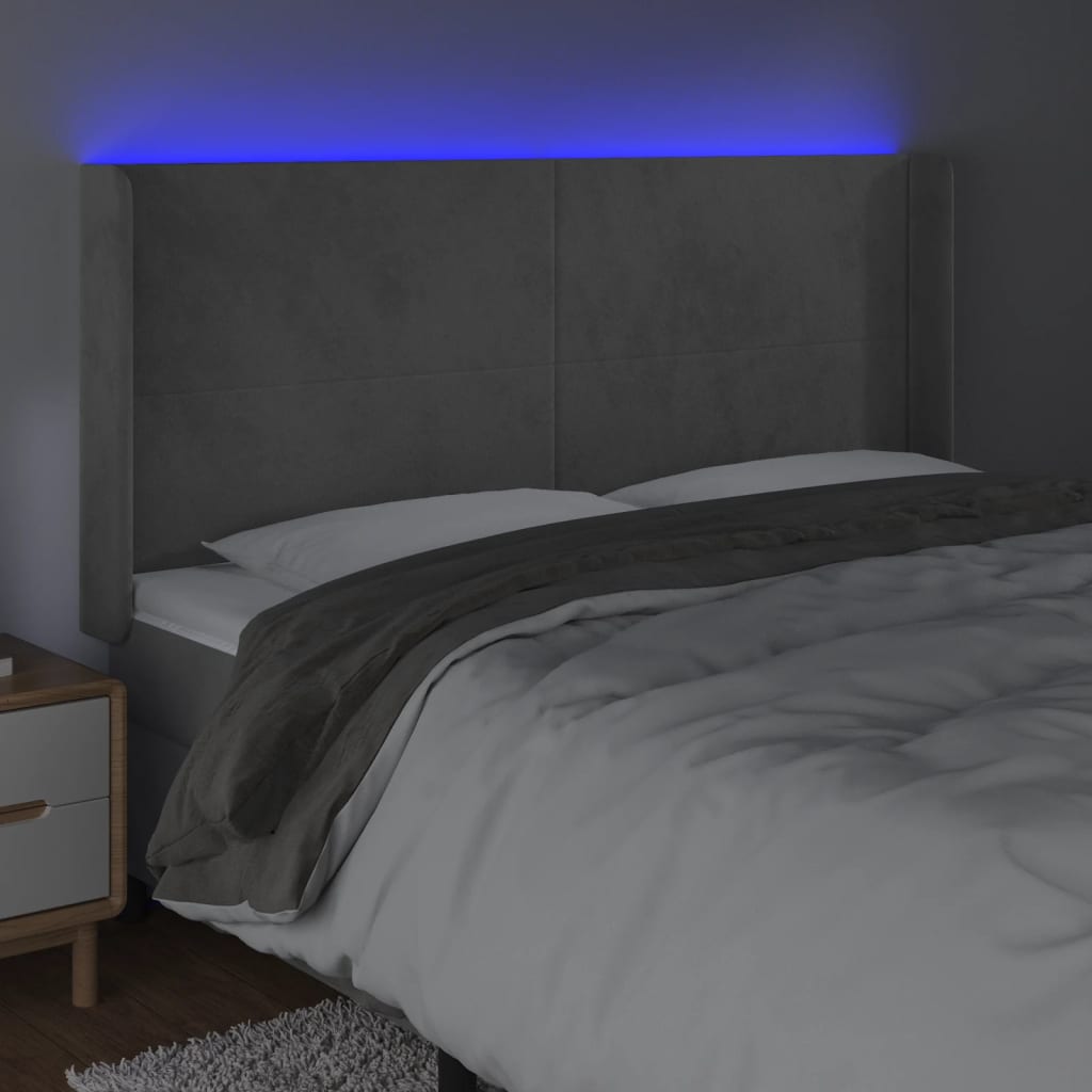 sengegavl med LED-lys 183x16x118/128 cm fløjl lysegrå