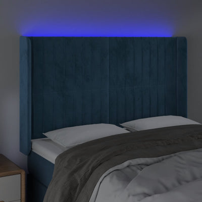 sengegavl med LED-lys 147x16x118/128 cm fløjl mørkeblå