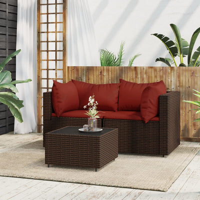 loungesæt til haven 3 dele med hynder polyrattan brun
